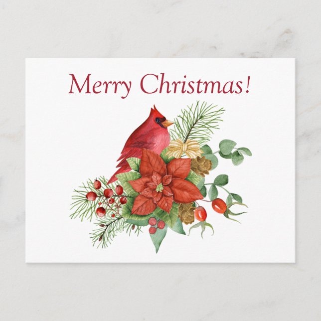 Cartes Pour Fêtes Annuelles Aquarelle Noël Cardinal rouge et Poinsettia (Devant)