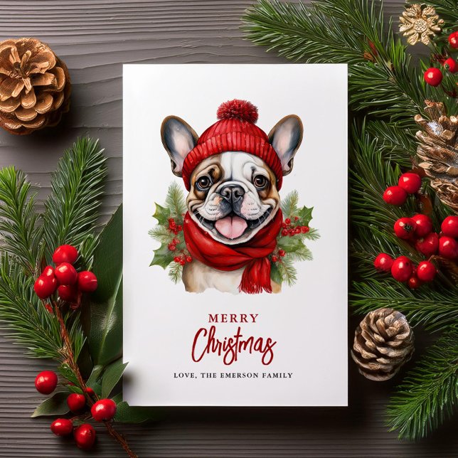 Cartes Pour Fêtes Annuelles Aquarelle Noël Chien-taureau français (Créateur téléchargé)