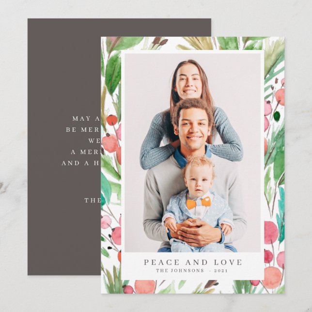 Cartes Pour Fêtes Annuelles Aquarelle Noël Feuillage Botanique Moderne (Devant / Derrière)