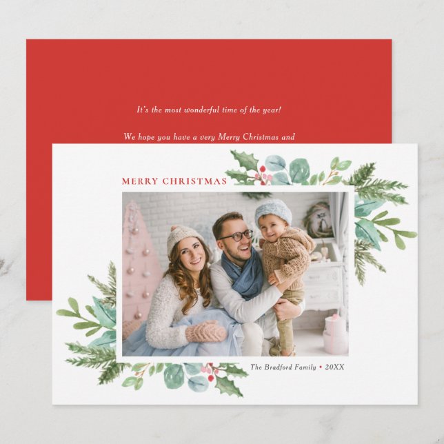 Cartes Pour Fêtes Annuelles Aquarelle Noël feuillage et photo Holly (Devant / Derrière)