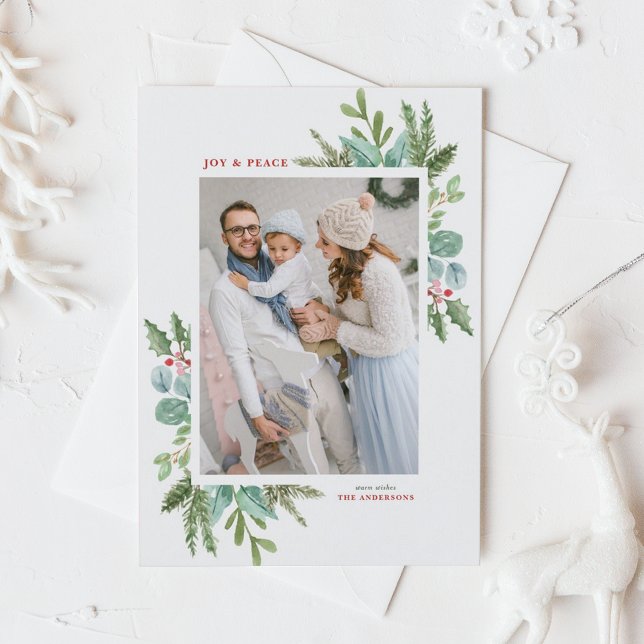 Cartes Pour Fêtes Annuelles Aquarelle Noël Folithe Frame photo de vacances (Customizable photo Christmas postcard featuring watercolor frame of winter greenery and winterberry)