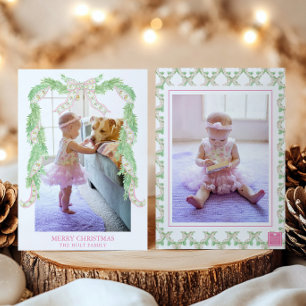 Cartes Pour Fêtes Annuelles Aquarelle Noël Rose Vert Bow Garland Photo