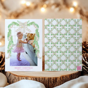 Cartes Pour Fêtes Annuelles Aquarelle Noël Rose Vert Bow Garland Photo