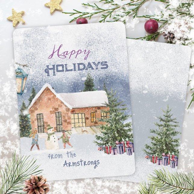 Cartes Pour Fêtes Annuelles Aquarelle Noël Snowman scène de famille (Watercolor Christmas Snowman Family Scene Holiday Card ©Susanne Sachers - Sunny Mind 🌞)