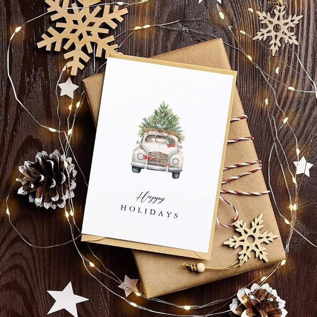 Cartes Pour Fêtes Annuelles Aquarelle Noël Voiture Sapin Joyeuses Fêtes (Créateur téléchargé)
