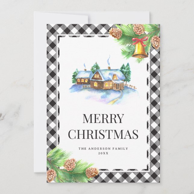 Cartes Pour Fêtes Annuelles Aquarelle Noir et Blanc Plat Noël (Devant)