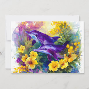 Cartes Pour Fêtes Annuelles Aquarelle Océan Dauphins Fleurs Tropicales