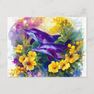Cartes Pour Fêtes Annuelles Aquarelle Océan Dauphins Fleurs Tropicales