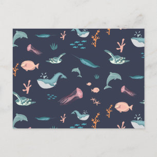 Cartes Pour Fêtes Annuelles Aquarelle Océan Sea Animaux Motif bleu