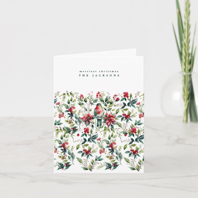 Cartes Pour Fêtes Annuelles Aquarelle Oiseau de Noël et plantes | Photo (Devant)