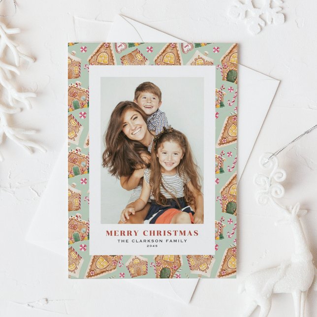 Cartes Pour Fêtes Annuelles Aquarelle Pain d'épices Maisons Photo Noël (Festive Gingerbread House Mint Photo Christmas Holiday Postcard)
