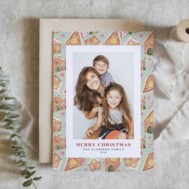 Cartes Pour Fêtes Annuelles Aquarelle Pain d'épices Maisons Photo Noël (Festive Gingerbread House Mint Photo Christmas Holiday Card)