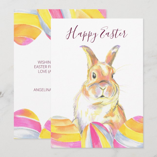 Cartes Pour Fêtes Annuelles Aquarelle Pastel Rainbow Lapin de Pâques Lapin (Devant / Derrière)