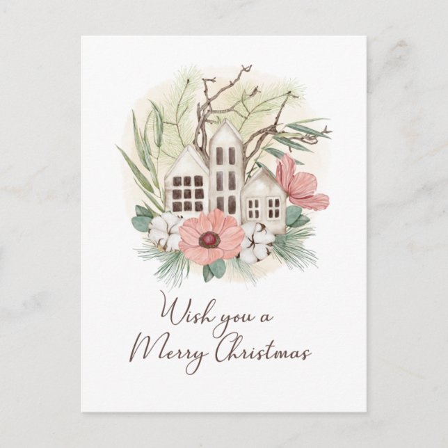 Cartes Pour Fêtes Annuelles Aquarelle Pastel rose Brown vert Joyeux Noël (Devant)