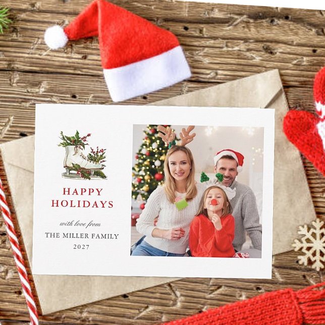 Cartes Pour Fêtes Annuelles Aquarelle Patinage sur glace Vacances en photo fam (Créateur téléchargé)