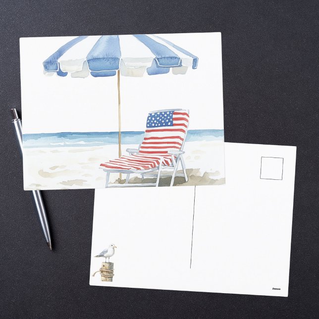 Cartes Pour Fêtes Annuelles Aquarelle Patriotique Rouge Blanc & Bleu Plage Scè (Créateur téléchargé)