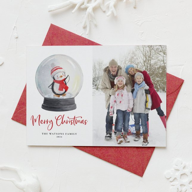 Cartes Pour Fêtes Annuelles Aquarelle Penguin Snowglobe Joyeux Noël Photo (Créateur téléchargé)