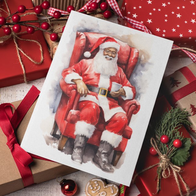 Cartes Pour Fêtes Annuelles Aquarelle Père Noël Africain Américain (Créateur téléchargé)