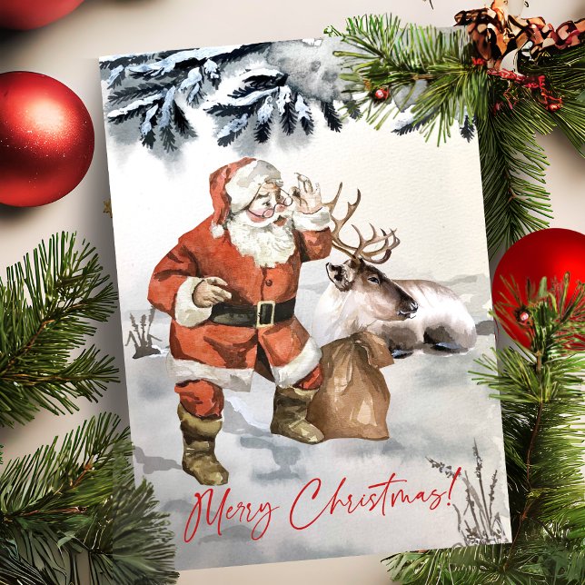 Cartes Pour Fêtes Annuelles Aquarelle Père Noël avec rennes Noël personnalisé (Watercolor Santa With Reindeer Custom Christmas Holiday Card)
