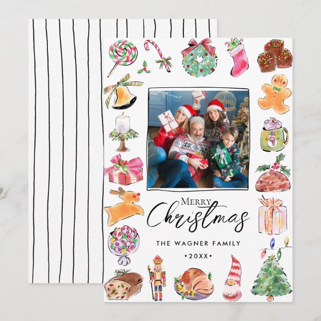 Cartes Pour Fêtes Annuelles Aquarelle photo de Noël (Devant / Derrière)