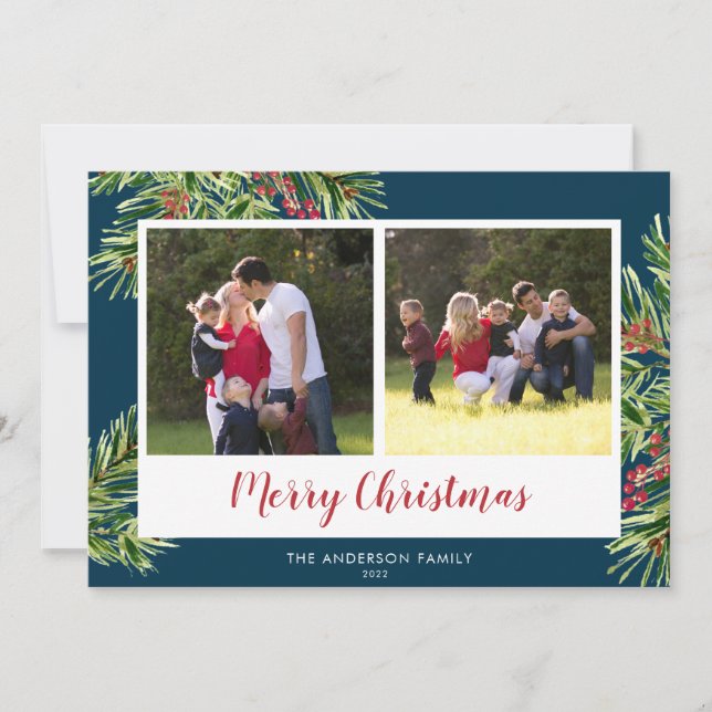 Cartes Pour Fêtes Annuelles Aquarelle Pine 2 Photo Bleu Joyeux Noël (Devant)