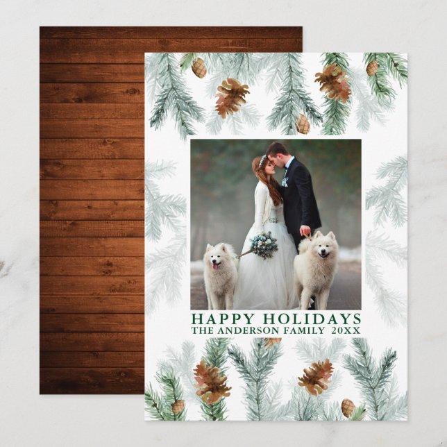 Cartes Pour Fêtes Annuelles Aquarelle Pine Cône Vert Bois Noël (Devant / Derrière)