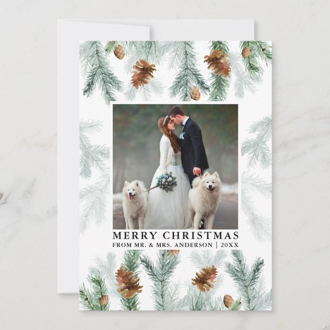 Cartes Pour Fêtes Annuelles Aquarelle Pine Cône Vert Mariage Photo (Devant)