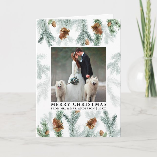 Cartes Pour Fêtes Annuelles Aquarelle Pine Cône Vert Mariage Photo Pold (Devant)