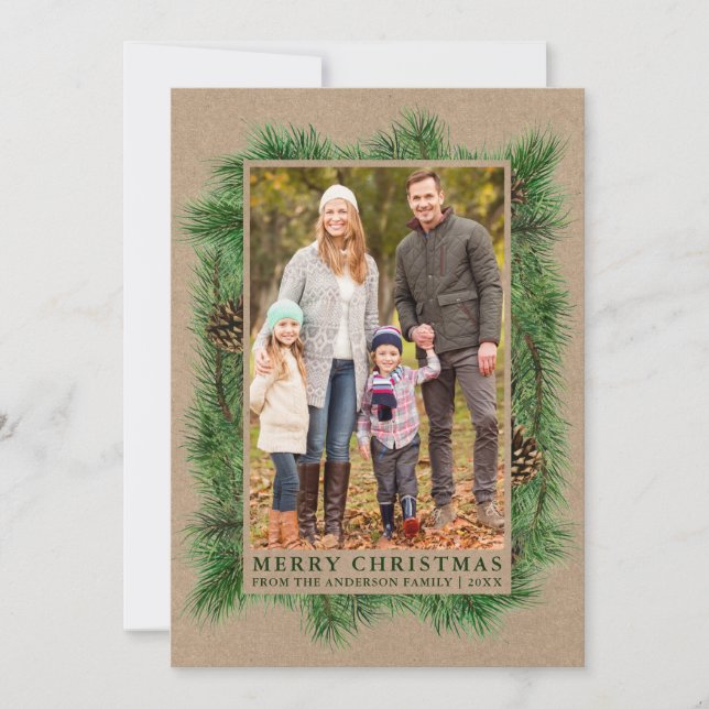 Cartes Pour Fêtes Annuelles Aquarelle Pine Famille Photo Kraft Green (Devant)