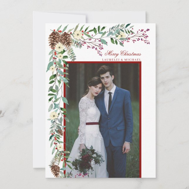 Cartes Pour Fêtes Annuelles Aquarelle Pine Garland Photo de Noël (Devant)