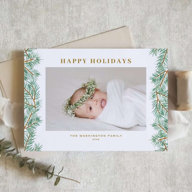 Cartes Pour Fêtes Annuelles Aquarelle Pine Needles Garland Photo (Watercolor Pine Needles Garland Photo Happy Holidays Card)