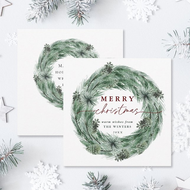 Cartes Pour Fêtes Annuelles Aquarelle Pine Tree Wire Green & Red Christmas (Front & Back)
