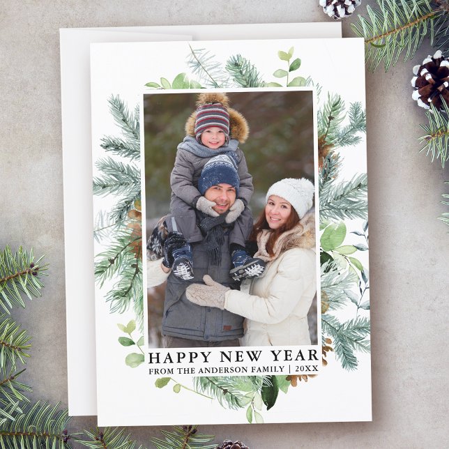 Cartes Pour Fêtes Annuelles Aquarelle Pine verte Joyeux Nouvel An Photo (Customize to add text to back of card.)