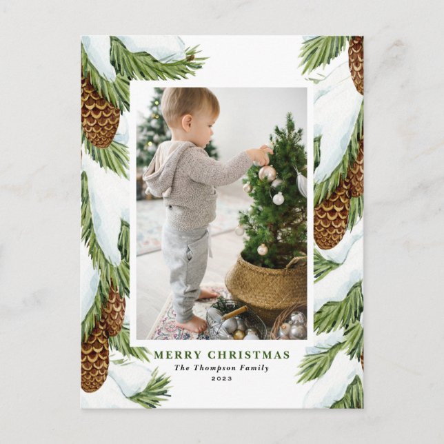Cartes Pour Fêtes Annuelles Aquarelle Pinecones Joyeux Noël Photo (Devant)