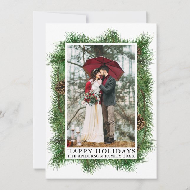 Cartes Pour Fêtes Annuelles Aquarelle Pines Cadre Joyeux Vacances Photo (Devant)