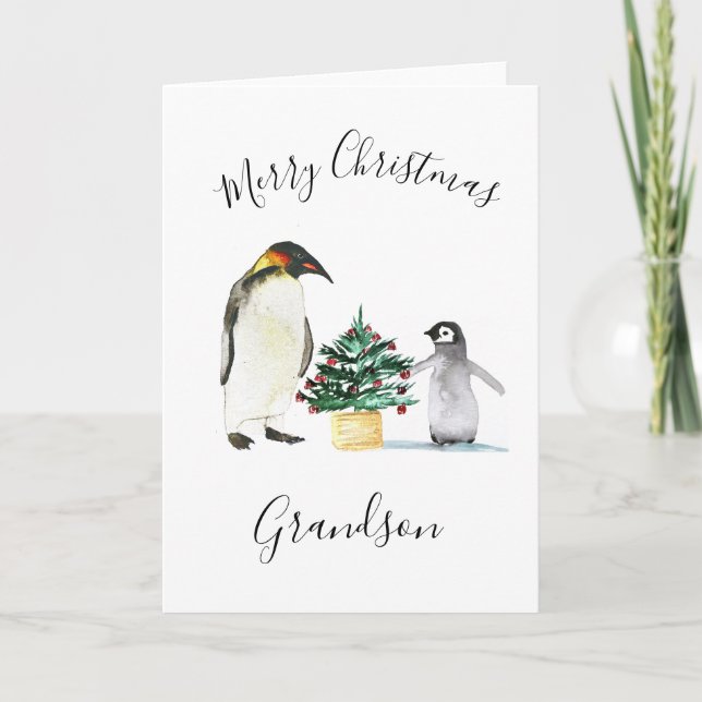 Cartes Pour Fêtes Annuelles Aquarelle Pingouin mignon Joyeux Enfants de Noël (Devant)