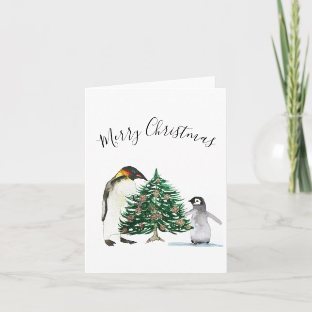 Cartes Pour Fêtes Annuelles Aquarelle Pingouin mignon Joyeux Enfants de Noël (Devant)