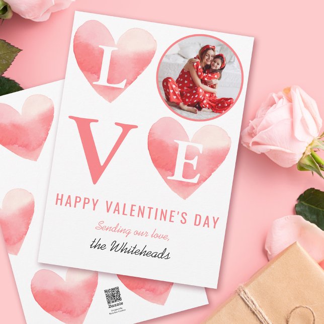 Cartes Pour Fêtes Annuelles Aquarelle Pink Heart Photo Saint Valentin (Send some love this Valentine's Day to your family and friends with this watercolor heart design.)