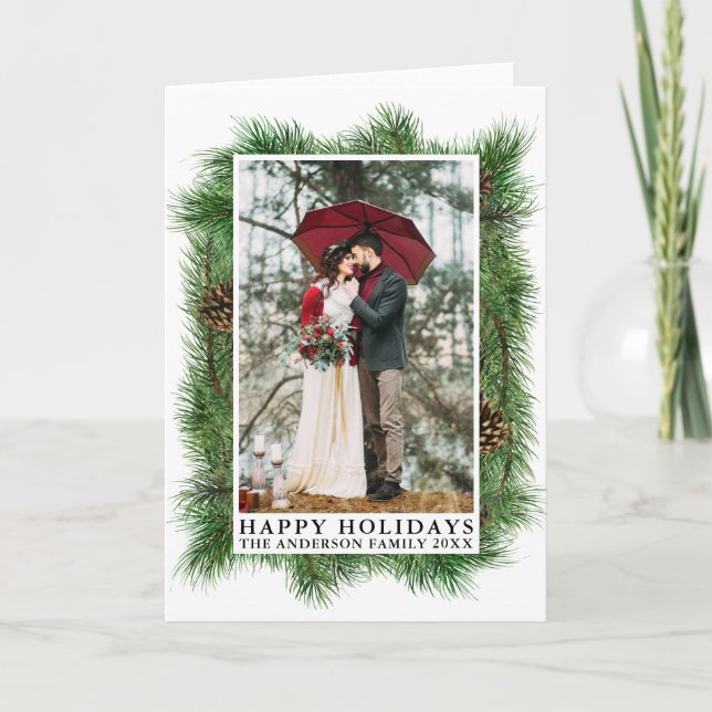 Cartes Pour Fêtes Annuelles Aquarelle Pins Cadre Joyeux Vacances Photo Plié (Devant)