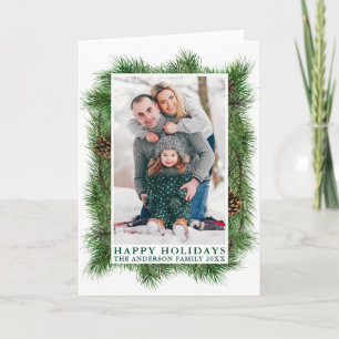 Cartes Pour Fêtes Annuelles Aquarelle Pins Cadre Joyeux Vacances Vert Plié
