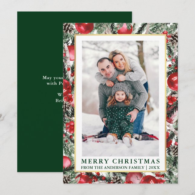Cartes Pour Fêtes Annuelles Aquarelle Pins Ornements de Noël Photo Vert (Devant / Derrière)
