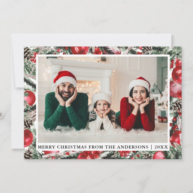 Cartes Pour Fêtes Annuelles Aquarelle Pins Rouge Ornements Photo Noël (Devant)