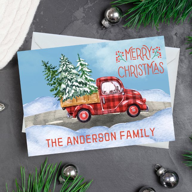Cartes Pour Fêtes Annuelles Aquarelle Plaid Camion Rouge Neige Joyeux Noël (watercolor Merry Christmas card with red and black buffalo plaid truck carrying Christmas trees)