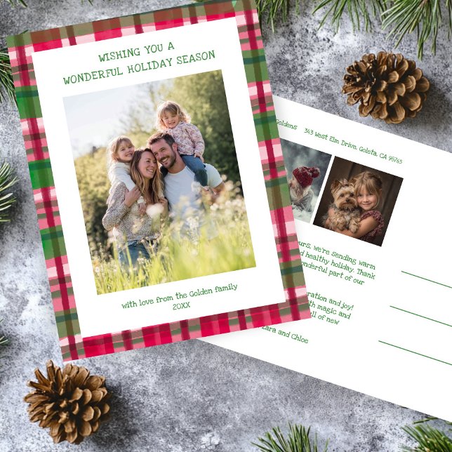 Cartes Pour Fêtes Annuelles Aquarelle Plantée artisanale Noël personnalisé 3 p (Watercolor Plaid Handmade Christmas Custom 3 Photo Holiday Postcard
)