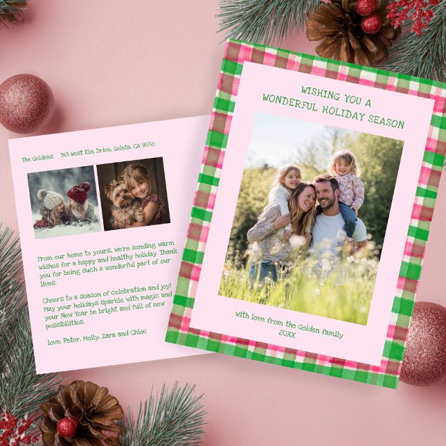 Cartes Pour Fêtes Annuelles Aquarelle Plat rose Noël Personnalisé 3 Photo (Watercolor Plaid Pink Christmas Custom 3 Photo Holiday Postcard
)