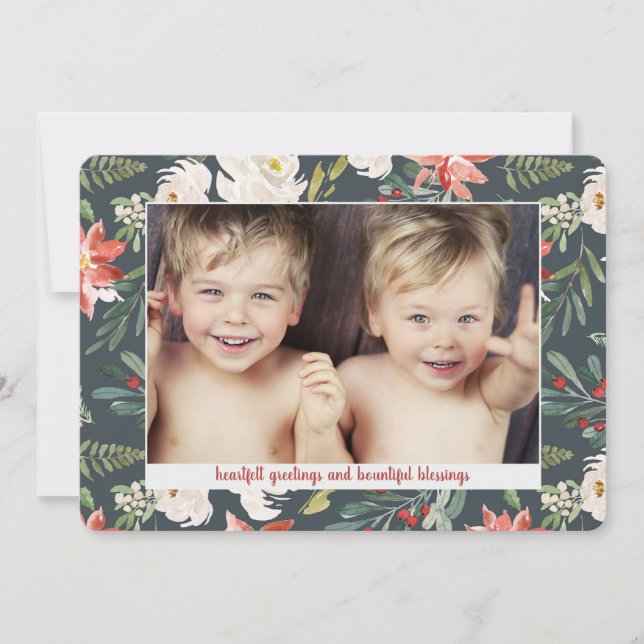 Cartes Pour Fêtes Annuelles Aquarelle Poinsettia 3 Photo Noël (Devant)