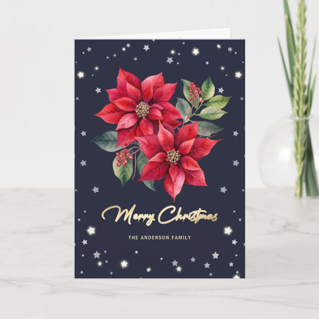Cartes Pour Fêtes Annuelles Aquarelle Poinsettia Bleu Photo Joyeux Noël (Devant)