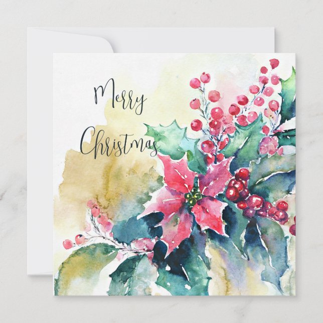 Cartes Pour Fêtes Annuelles Aquarelle poinsettia et coutume de Noël saint (Devant)
