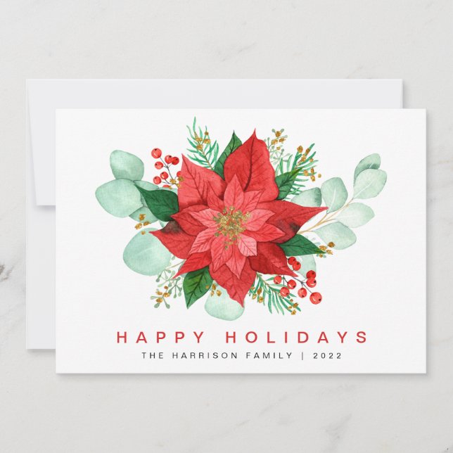 Cartes Pour Fêtes Annuelles Aquarelle Poinsettia Eucalyptus Noël (Devant)