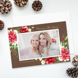 Cartes Pour Fêtes Annuelles Aquarelle Poinsettia Floral Brown Photo